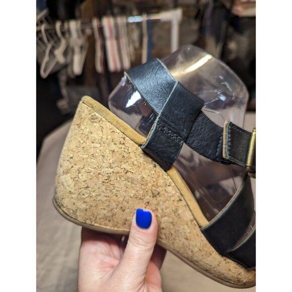 Clarks Artisan Black Leather Cork Platform Wedge Sandals Size 9m - Picture 3 of 16